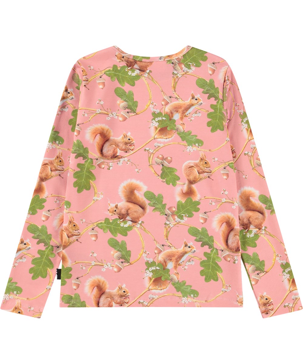 Rose - Squirrel Forest - Lyserød langærmet bluse til børn i økologisk bomuld med rund hals og kantbåd.