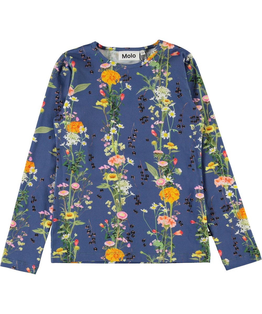 Rose - Vertical Flowers - Økologisk blå bluse med blomster