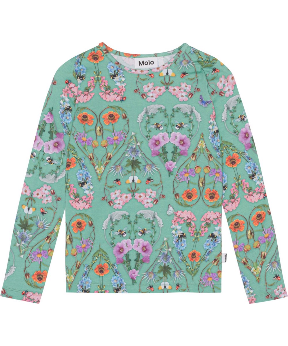 Rose - With Love - Grøn langærmet bluse i økologisk bomuld med print af multifarvet blomster