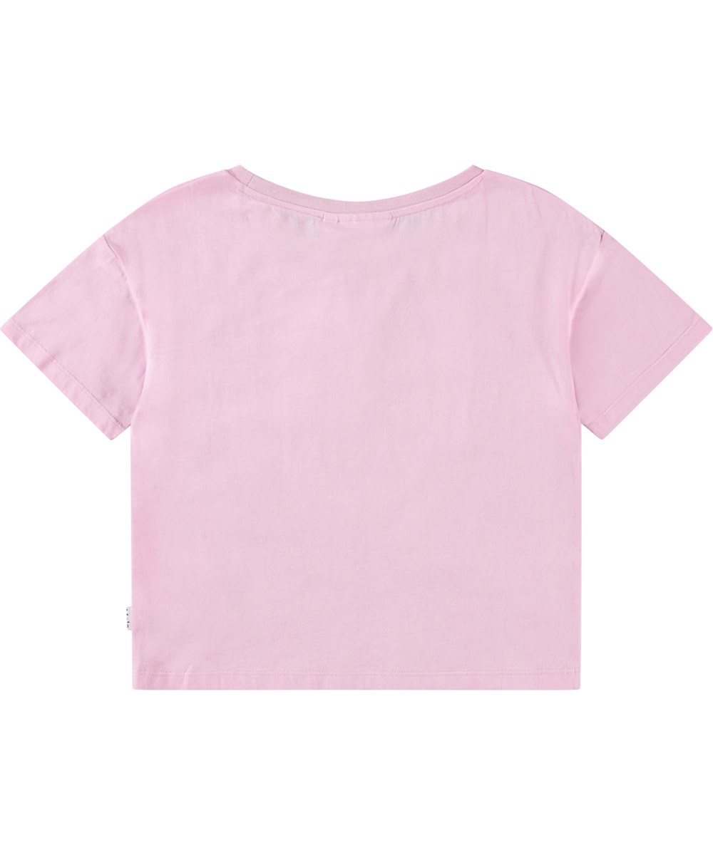 Roseanna - Glitter Strawberry - Oversize lyserød t-shirt til børn i økologisk bomuld med ribkant i halsen og vendbart pallietjordbær på fronten