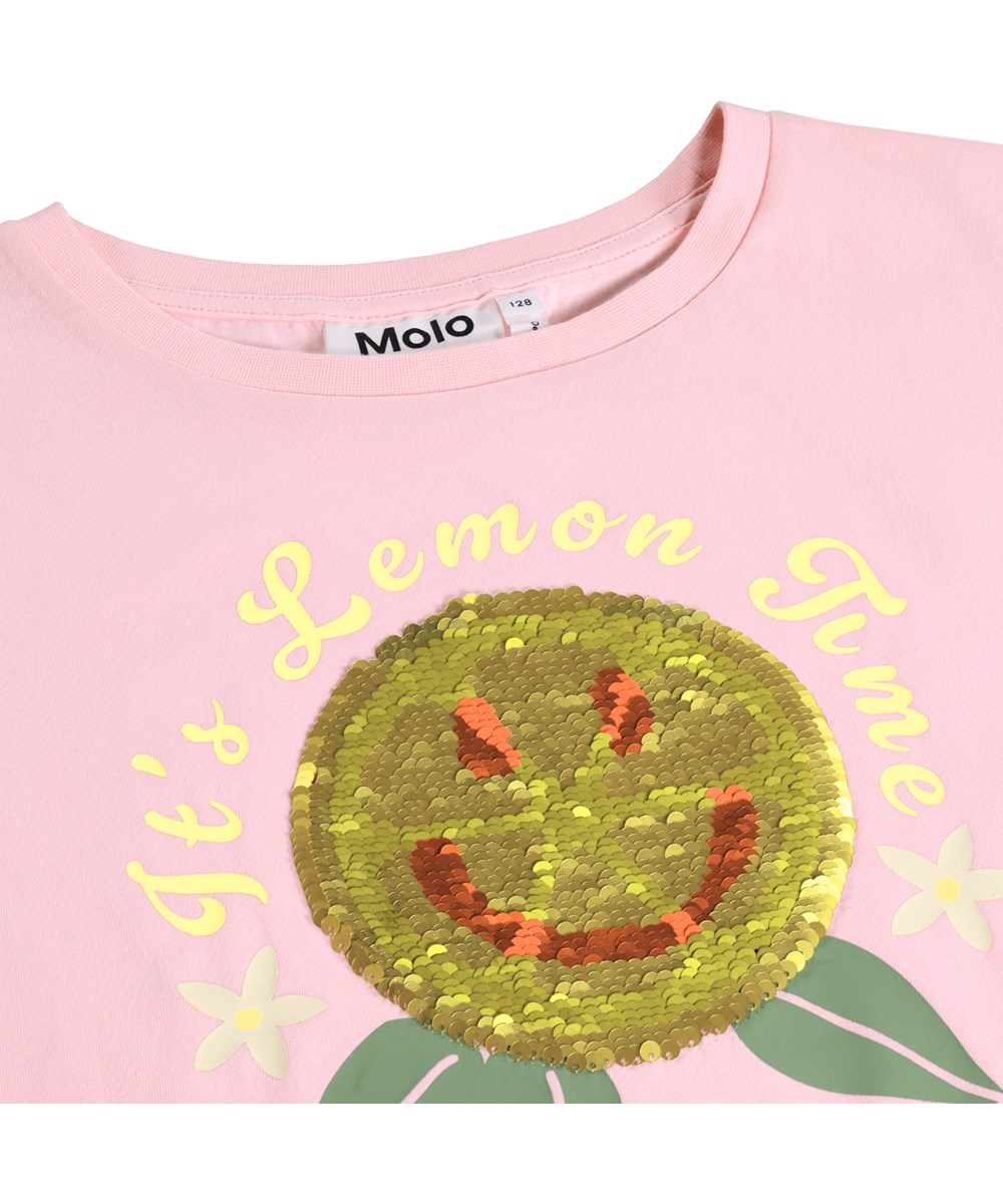 Roseanna - Happy Lemon - Lyserød, oversize t-shirt til børn i økologisk bomuld med vendbart paillet artwork