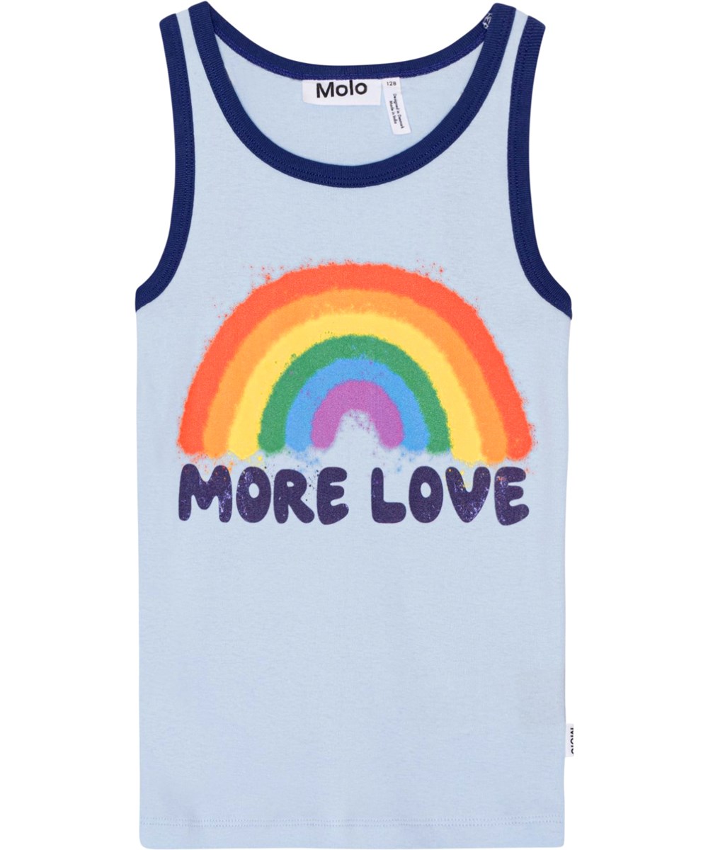 Rosie - Love Rainbow - Lyseblå tætsiddende tanktop i økologisk bomuld.