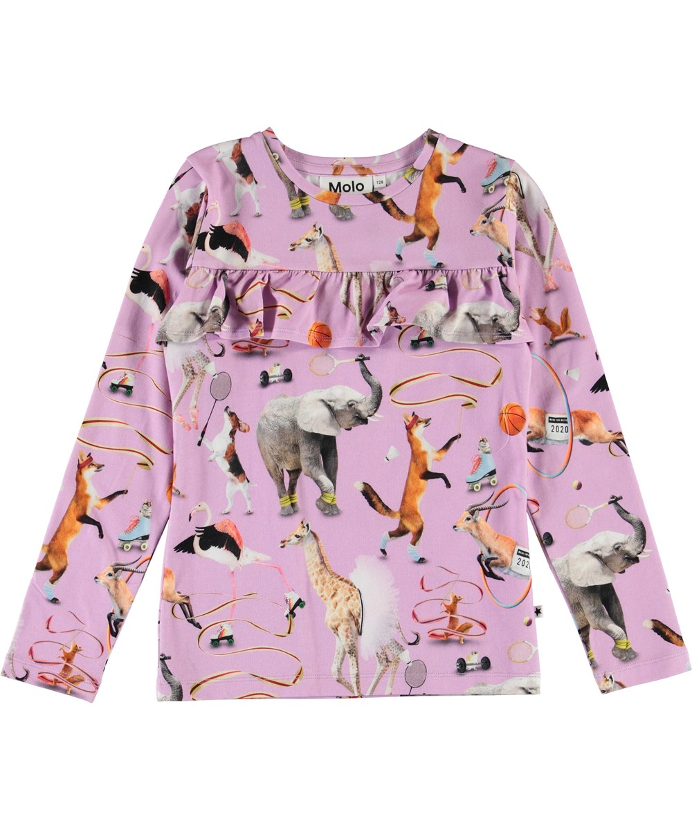 Rosita - Made For Motion - Økologisk lilla bluse med sports dyr