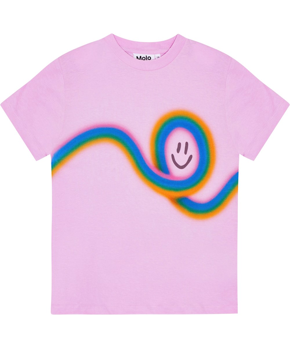 Roxo - Wild Smile - Pink t-shirt i økologisk bomuld med et print af jen regnbue der former sig til et smilende ansigt