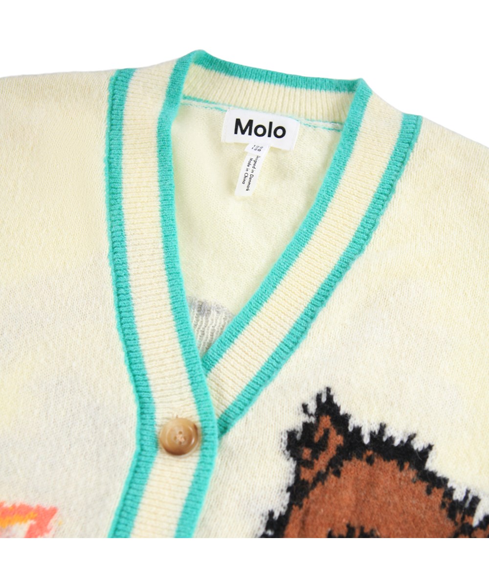 Gaby - Buttercream - Sjov råhvid cardigan i uldblanding med dyremønster til børn.