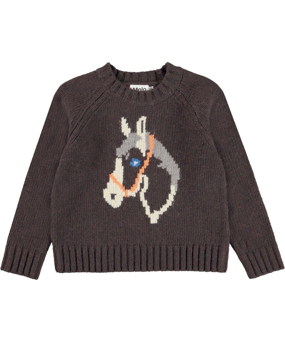 Gaia - My Horse - Mørkebrun strikbluse med hest