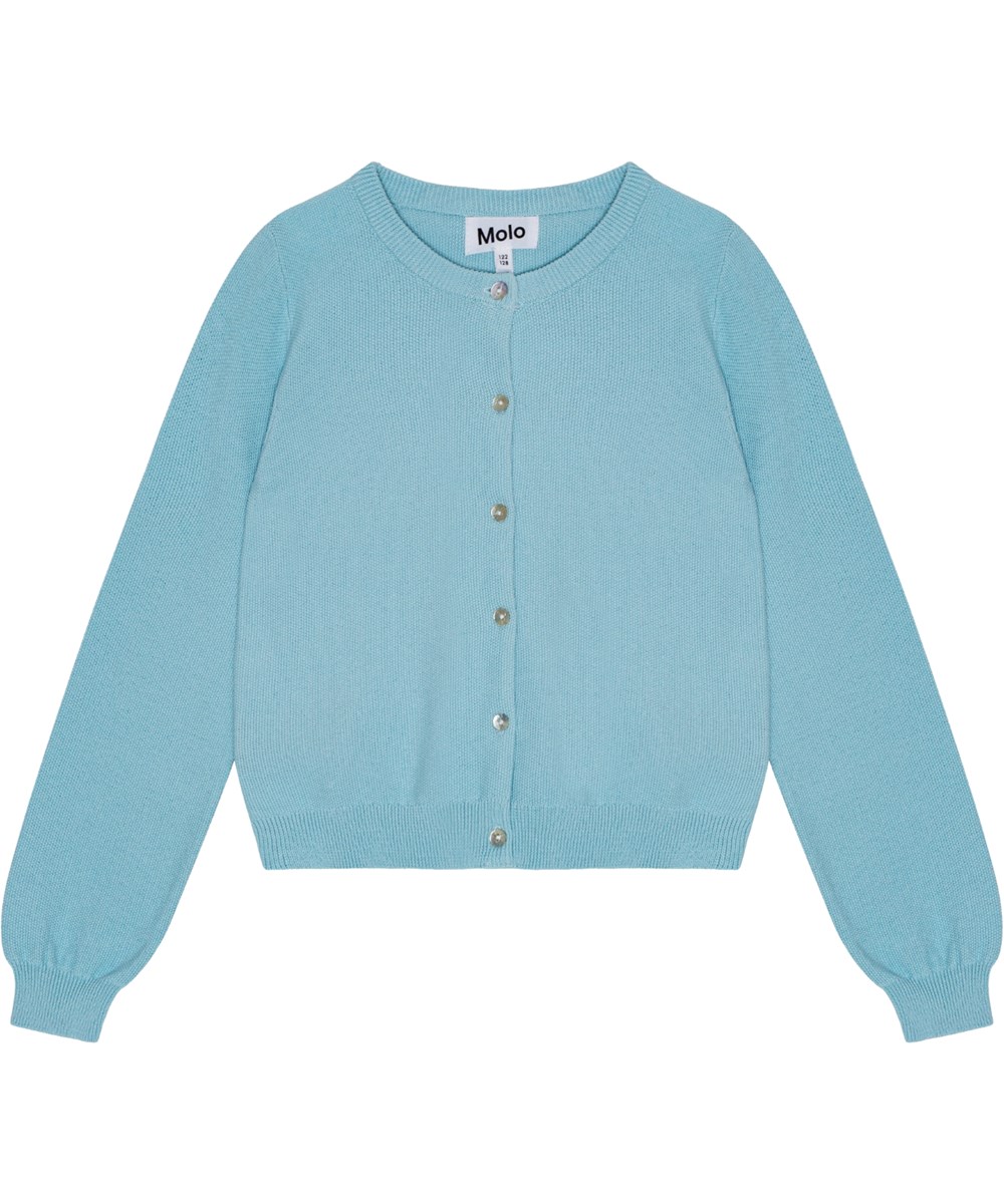 Georgina - Fragile Blue - Blå finstrikket cardigan i økologisk bomuld med knaplukning