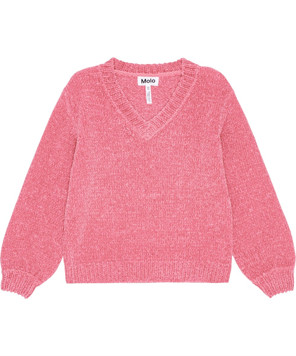 Germaine - Flamingo Plume - Blød pink strikket sweater med v formet halsudskæring