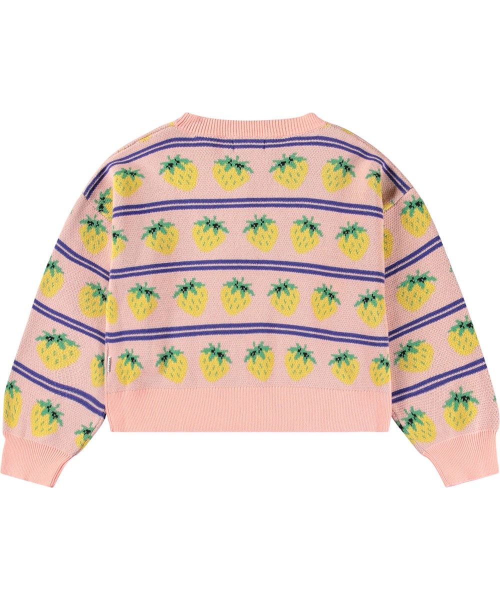 Gerrie - Nature Fruits - Lyserød sweater til børn i en blød bomuldsstrik med gule jordbær.