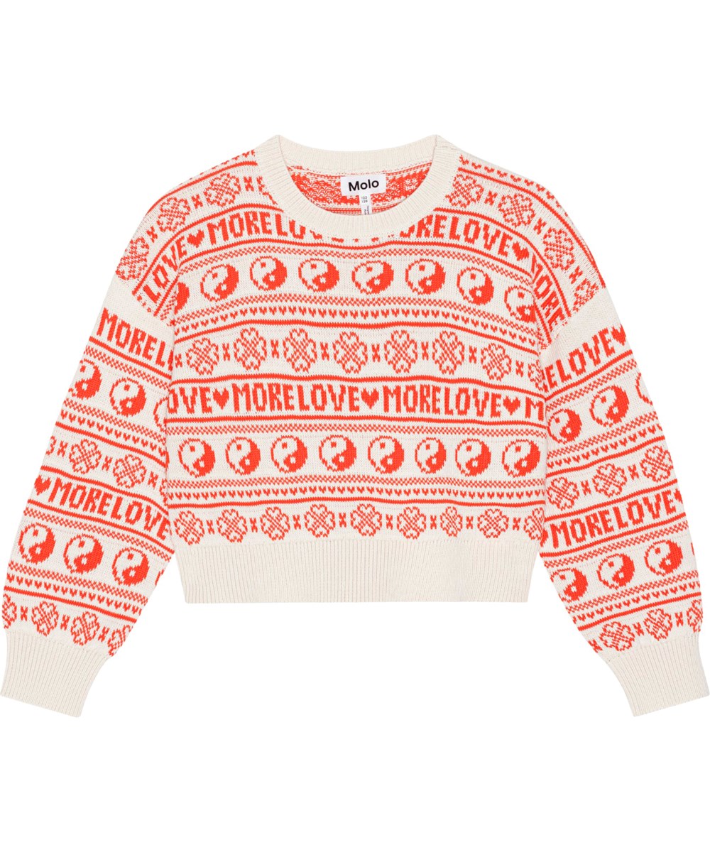 Gerrie - Yin Yang Knit - Råhvid strikket sweater med røde Yin og Yang tegn, Molos hjerte kløver samt teksten 'more love'