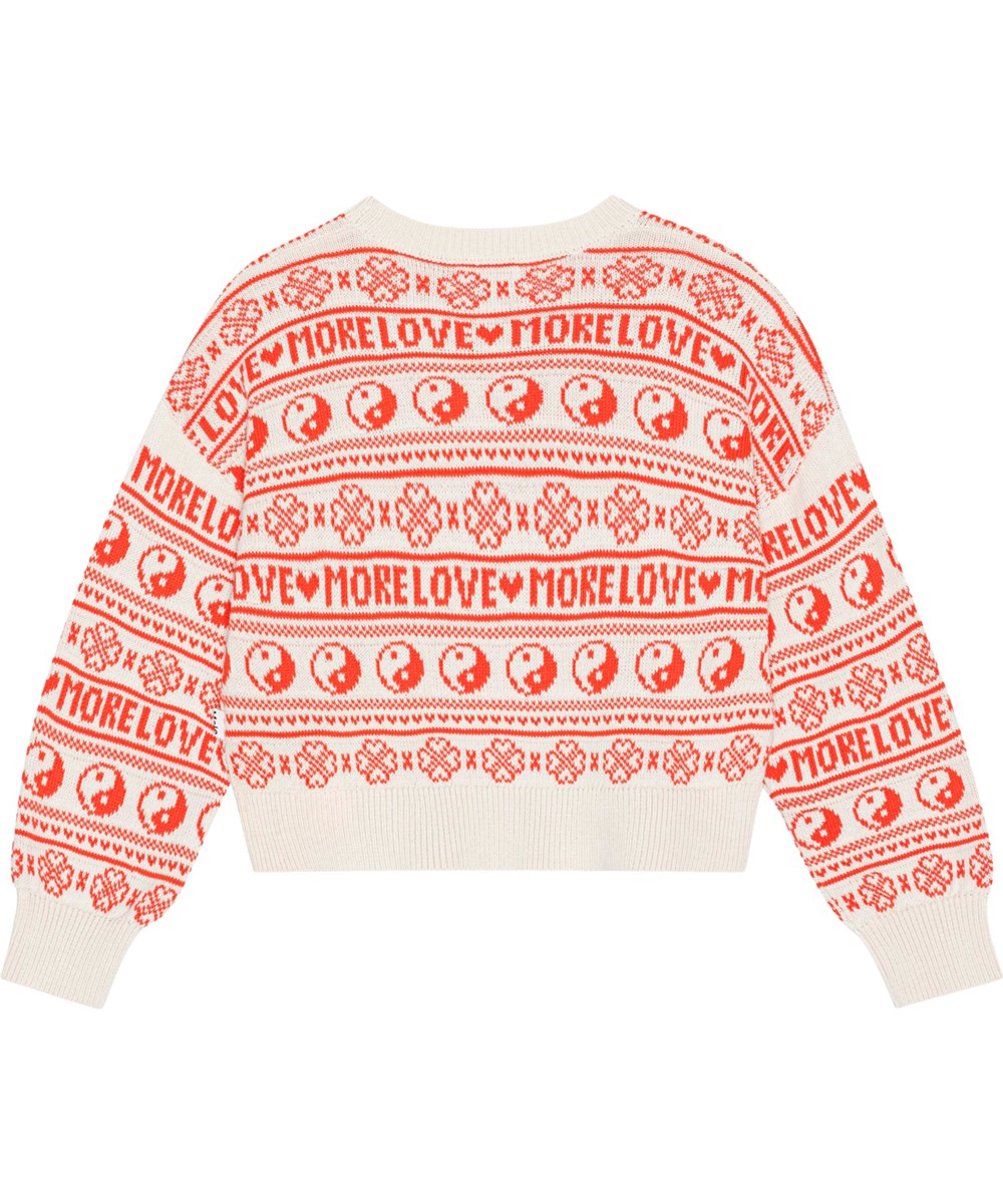 Gerrie - Yin Yang Knit - Råhvid strikket sweater med røde Yin og Yang tegn, Molos hjerte kløver samt teksten 'more love'