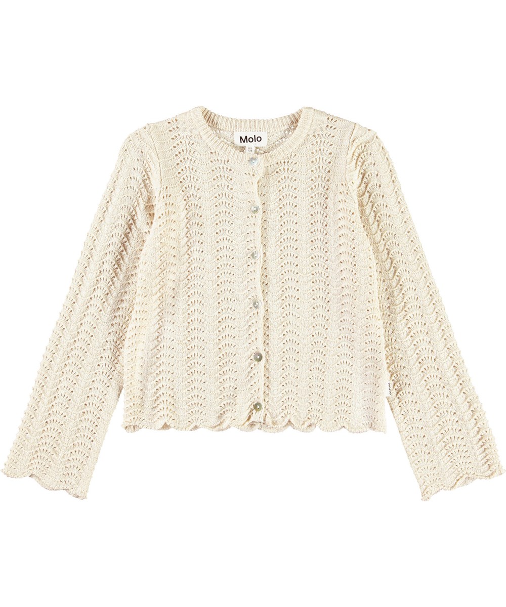 Gigi - Sand Melange - Råhvid strikket cardigan til børn i blødt økologisk bomuld med flot hulmønster.