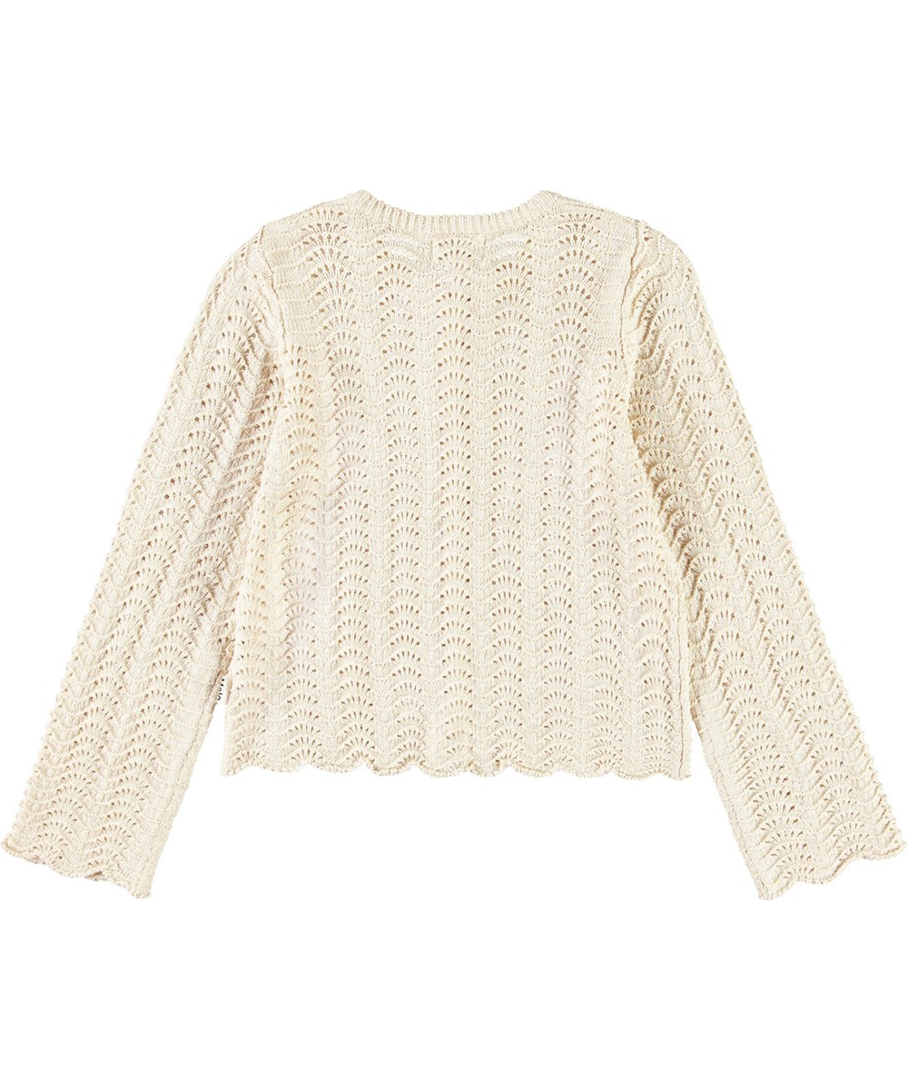 Gigi - Sand Melange - Råhvid strikket cardigan til børn i blødt økologisk bomuld med flot hulmønster.