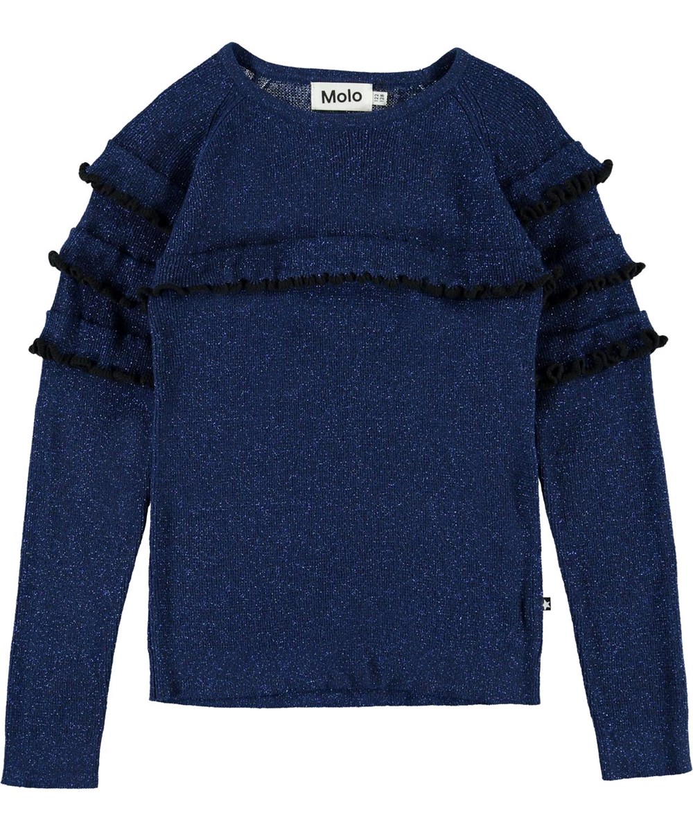 Gilah - Ink Blue - Blå glimmer bluse med flæser