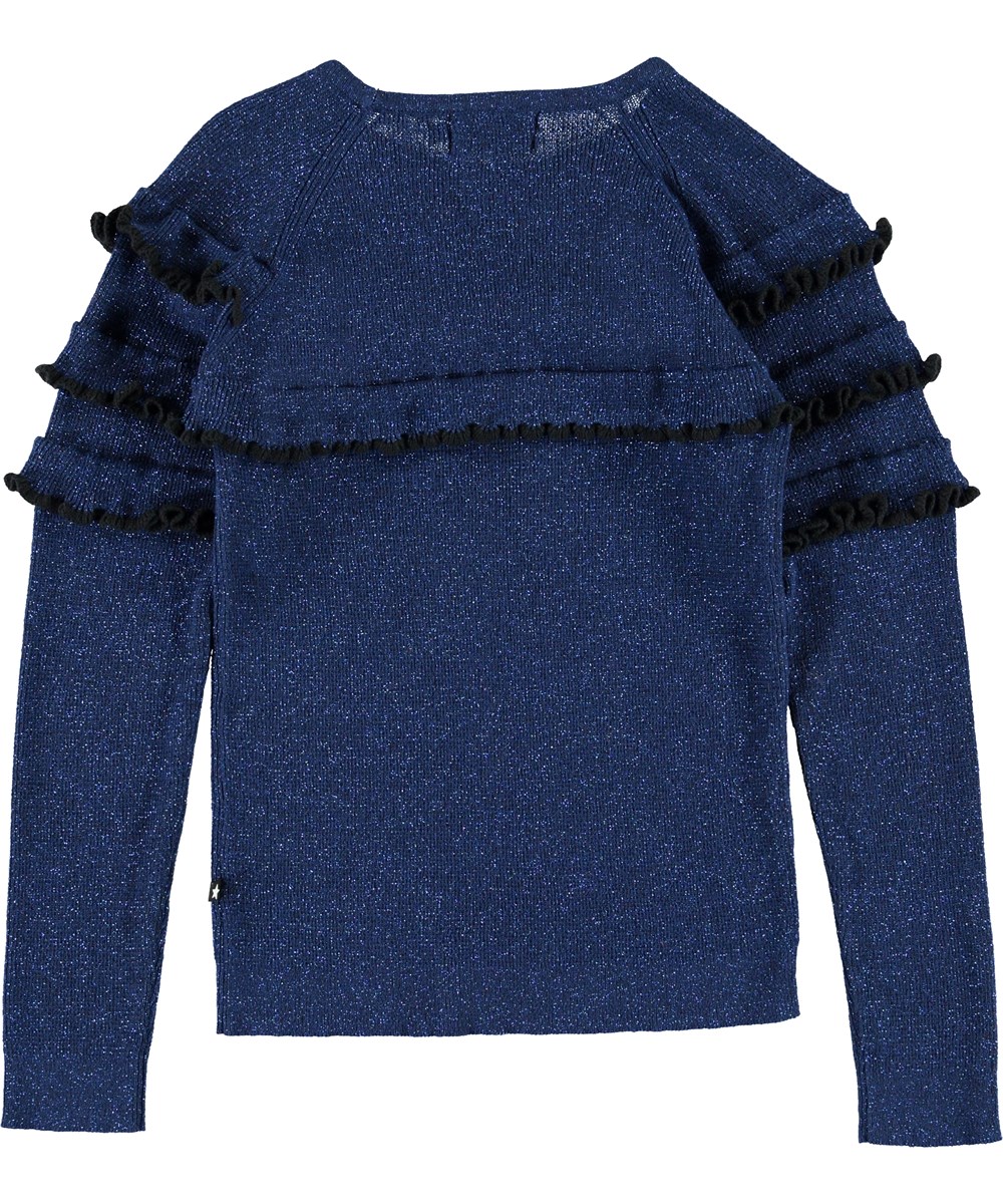 Gilah - Ink Blue - Blå glimmer bluse med flæser