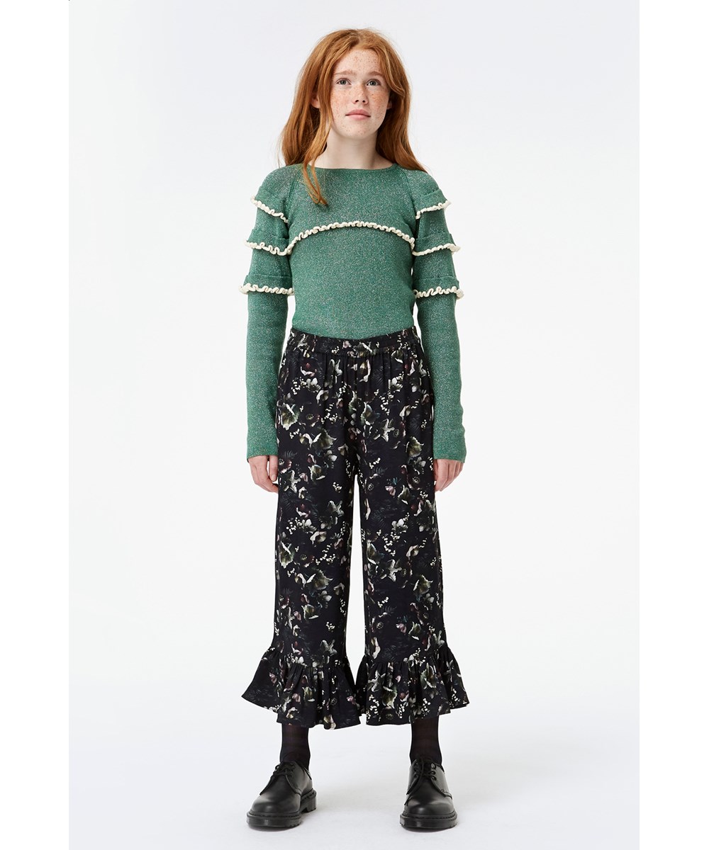 Gilah - Moonlight Leaf - Grøn glimmer bluse med flæser