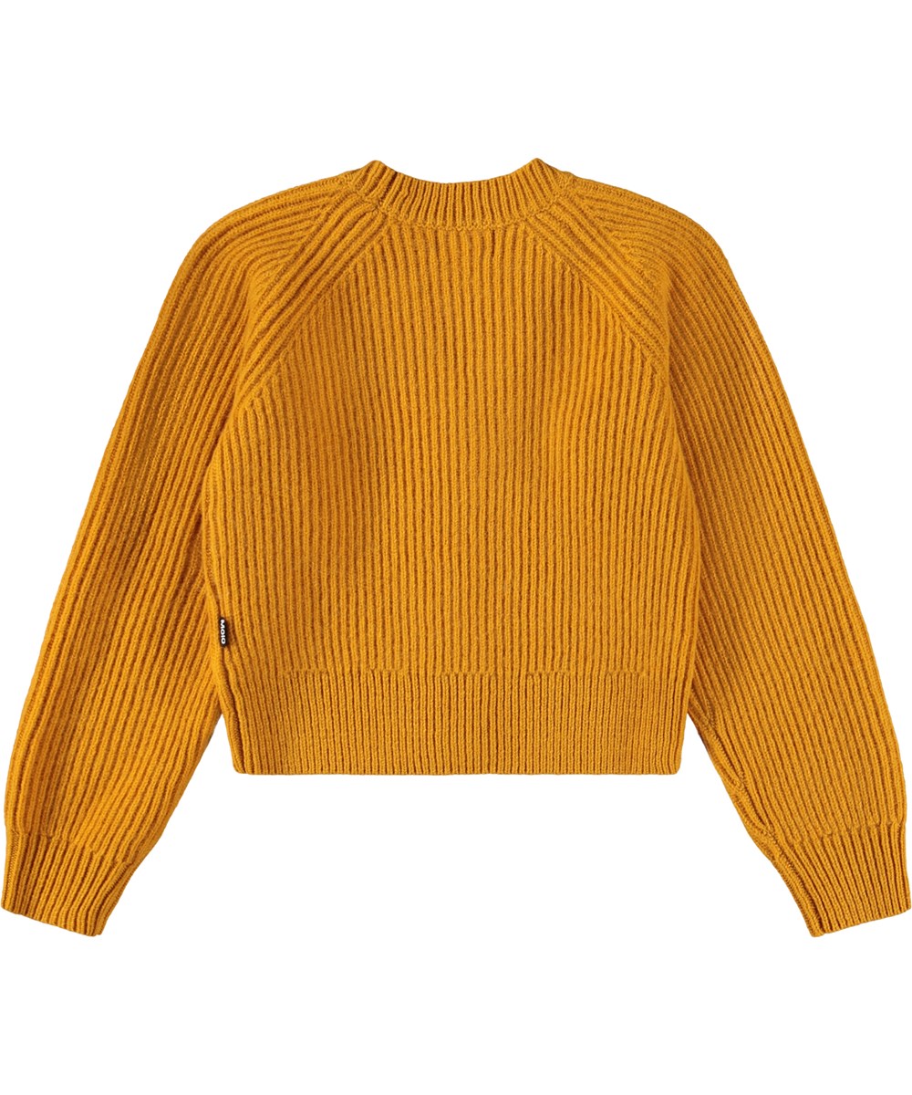 Gilberta - Energy - Mørkegul cardigan i blødt strikket uld til børn.