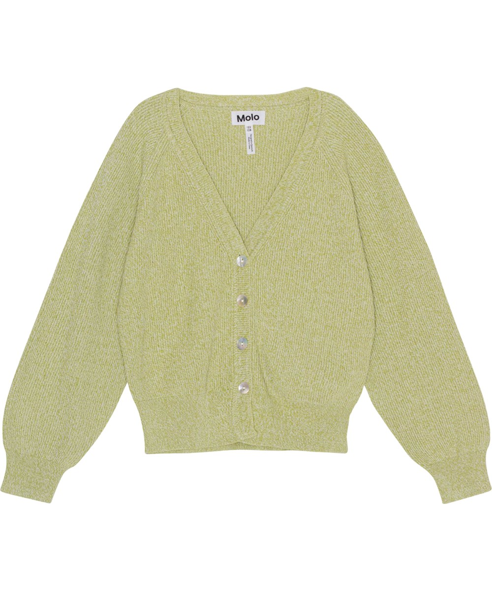 Gilberta - Tea Shell Mix - Meleret cardigan i grøn og sandfarvet strikket bomuld