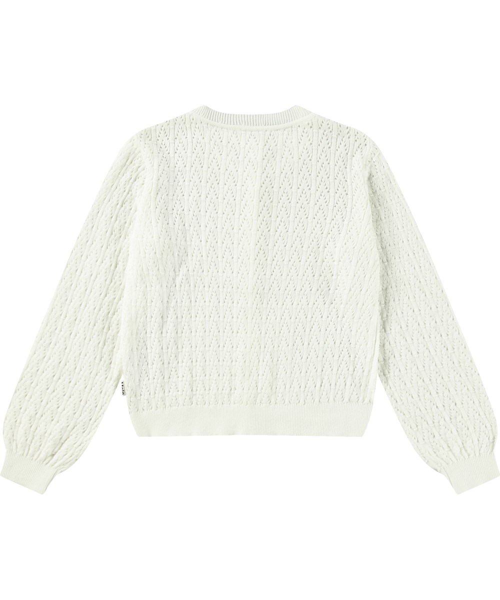 Gillian - Crisp White - Hvid strikket cardigan til børn i blødt økologisk bomuld med flot hulmønster.