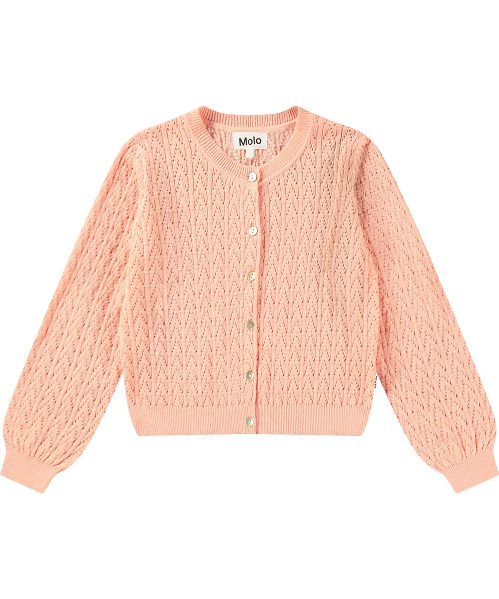 Gillian - Peach - Lys orange strikket cardigan til børn i blødt økologisk bomuld med flot hulmønster.