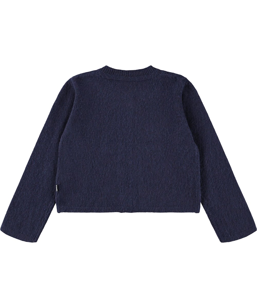 Giovanna - Galaxy Blue - Blød mørkeblå cardigan i let børstet uld til børn.