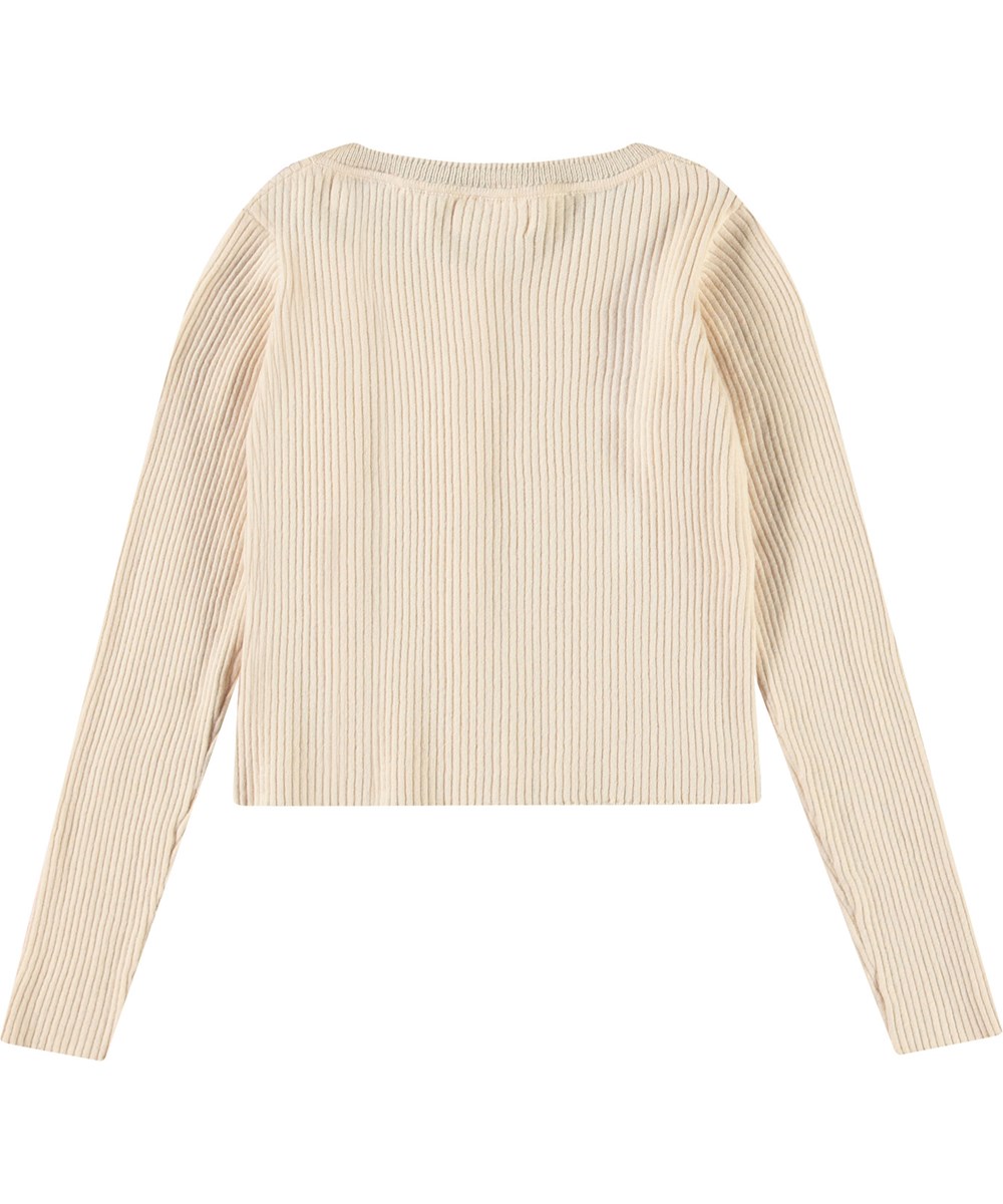 Giselle - Brazilian Sand - Råhvid cardigan til børn i en blød økologisk bomuldsrib med perlemors knapper.