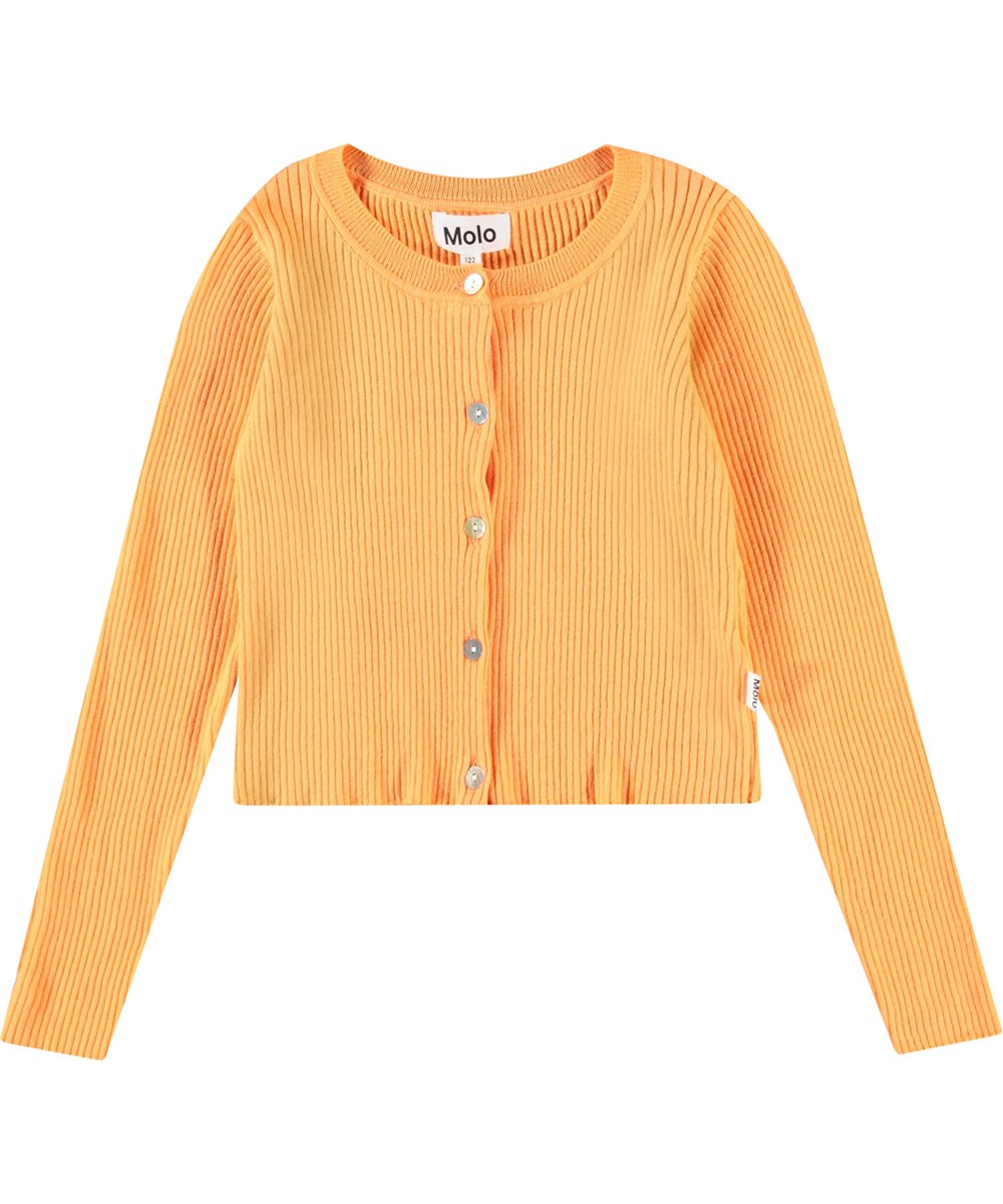 Giselle - Cantaloupe - Orange cardigan til børn i en blød økologisk bomuldsrib med perlemors knapper.