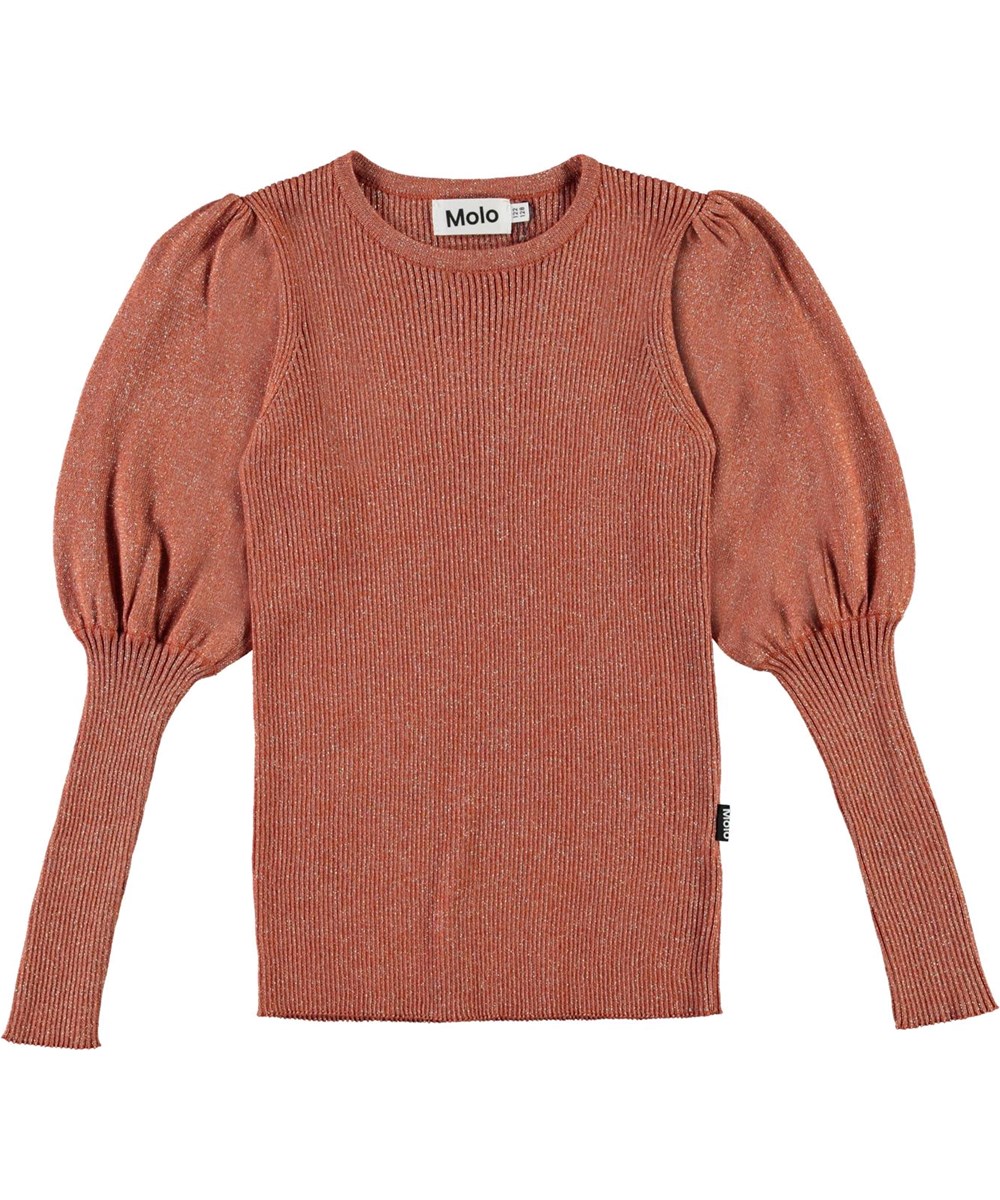 Glenda - Burnt Brick - Glimmer strikbluse brun med pufærmer