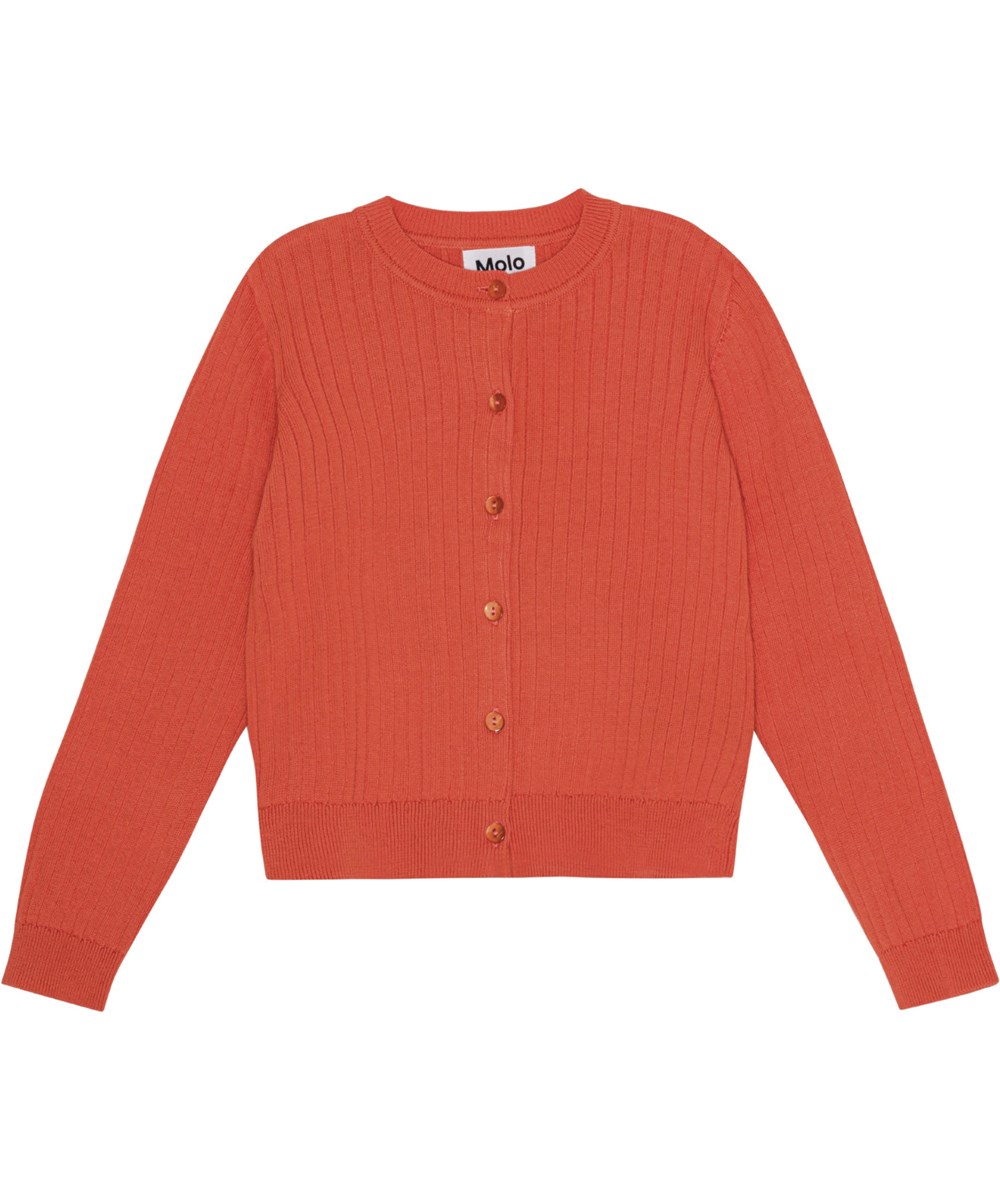 Gloria - Red Clay - Rød cardigan i finstrikket blødt økologisk bomuld
