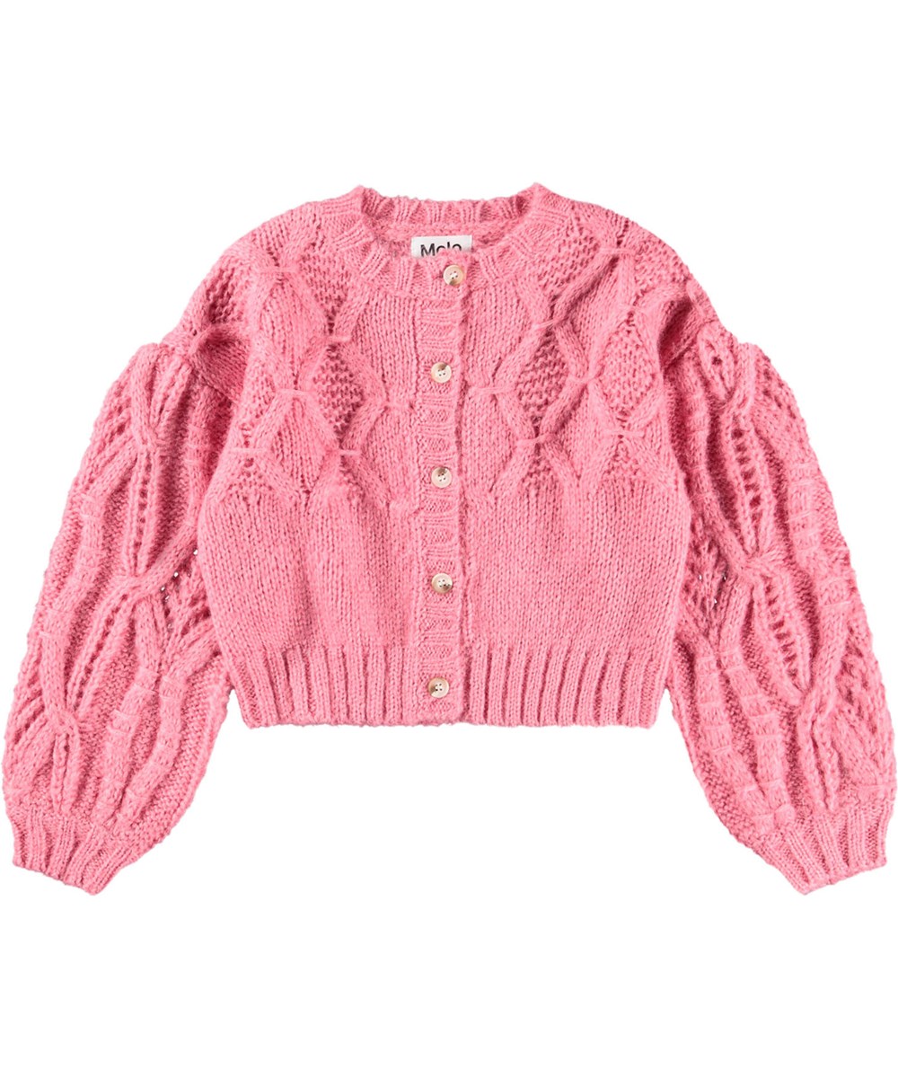 Gracelyn - Confetti - Tyk pink cardigan i alpaka-uldblanding. Denne cardigan har et flot vævet mønster, voluminøse ballonærmer og fine knapper foran. Cardiganen har ribkant ved halsudskæringen, samt ved ærmer og i bunden. 