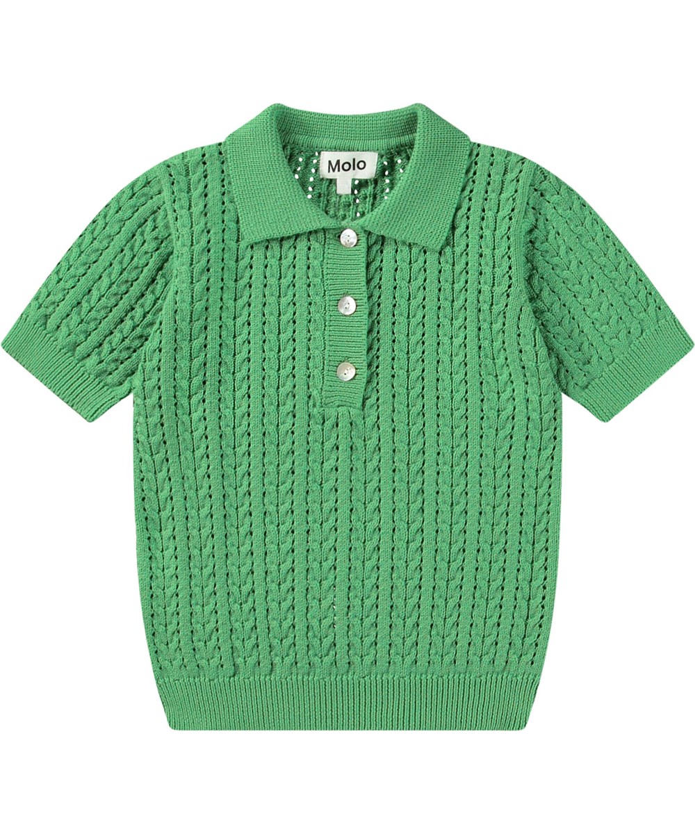 Gretel - Jungle Power - Strikket grøn t-shirt til børn i blødt økologisk bomuld med perlemors knapper.