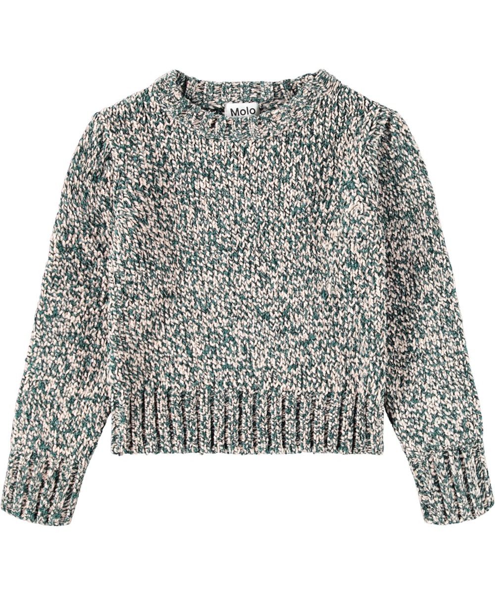 Grett - Cosmic Rose Mix - Strikket trøje i chenille garn til børn i lyserød og grøn. 