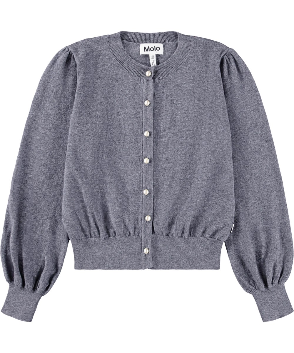 Guinevere - Grey Melange - Fin grå cardigan til børn i en uld og bomuldsblanding med flotte perleknapper. 