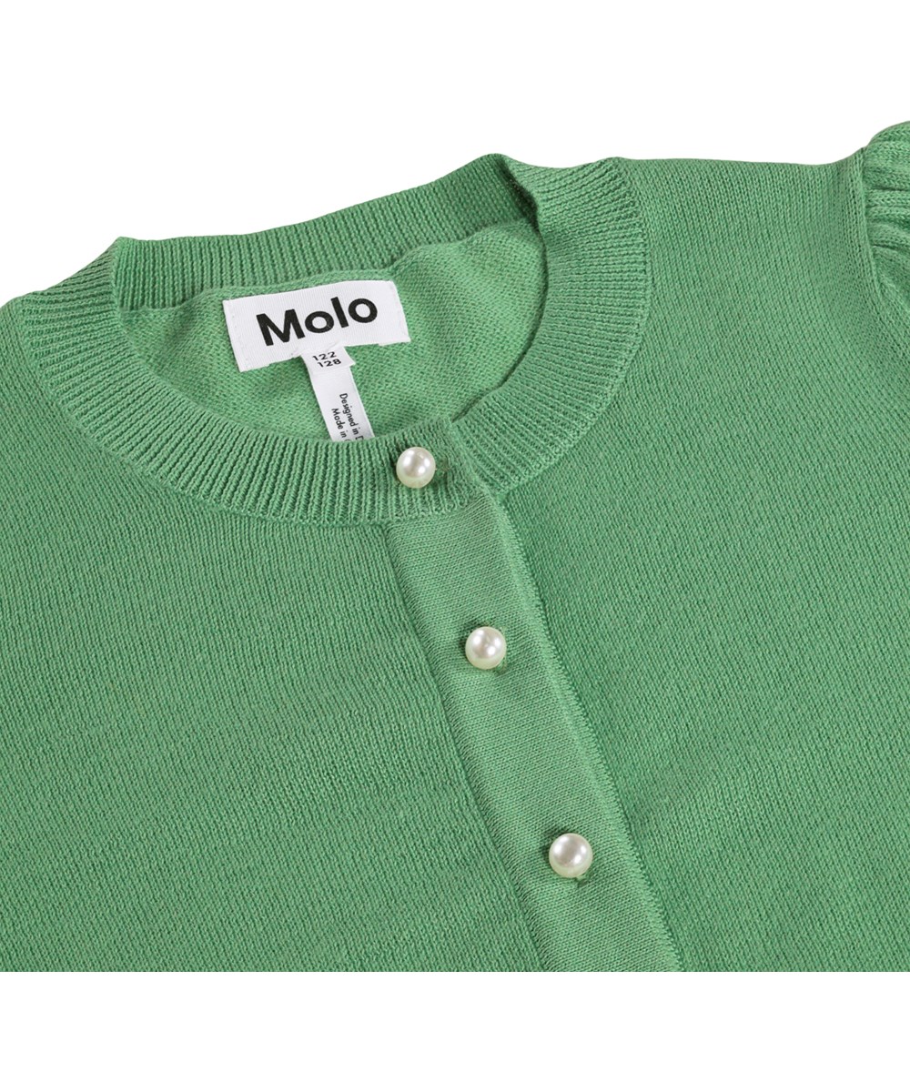 Guinevere - Groovy Green - Grøn strik cardigan i økologisk bomuld til børn