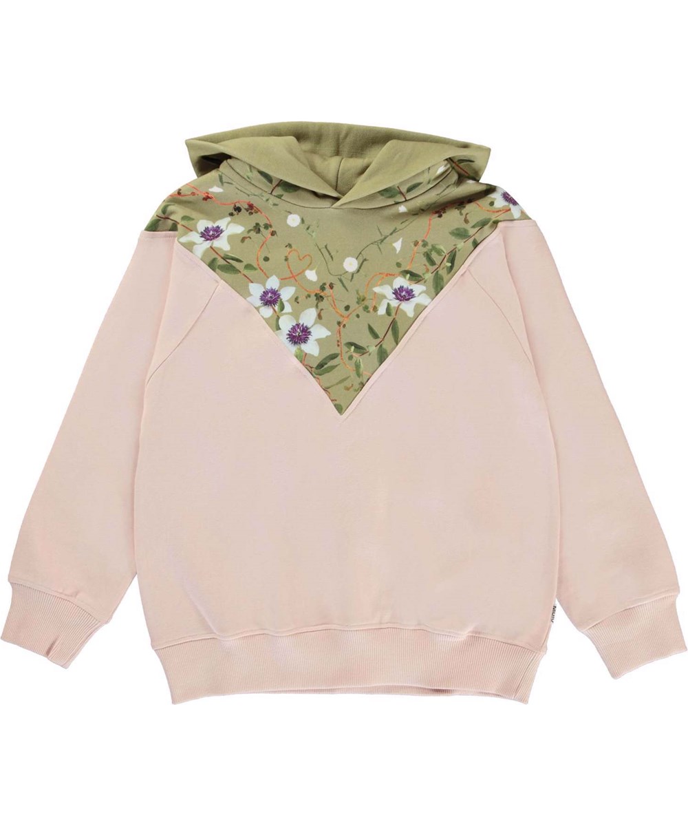 Magda - Green Love - Økologisk rosa og grøn hættetrøje med blomster