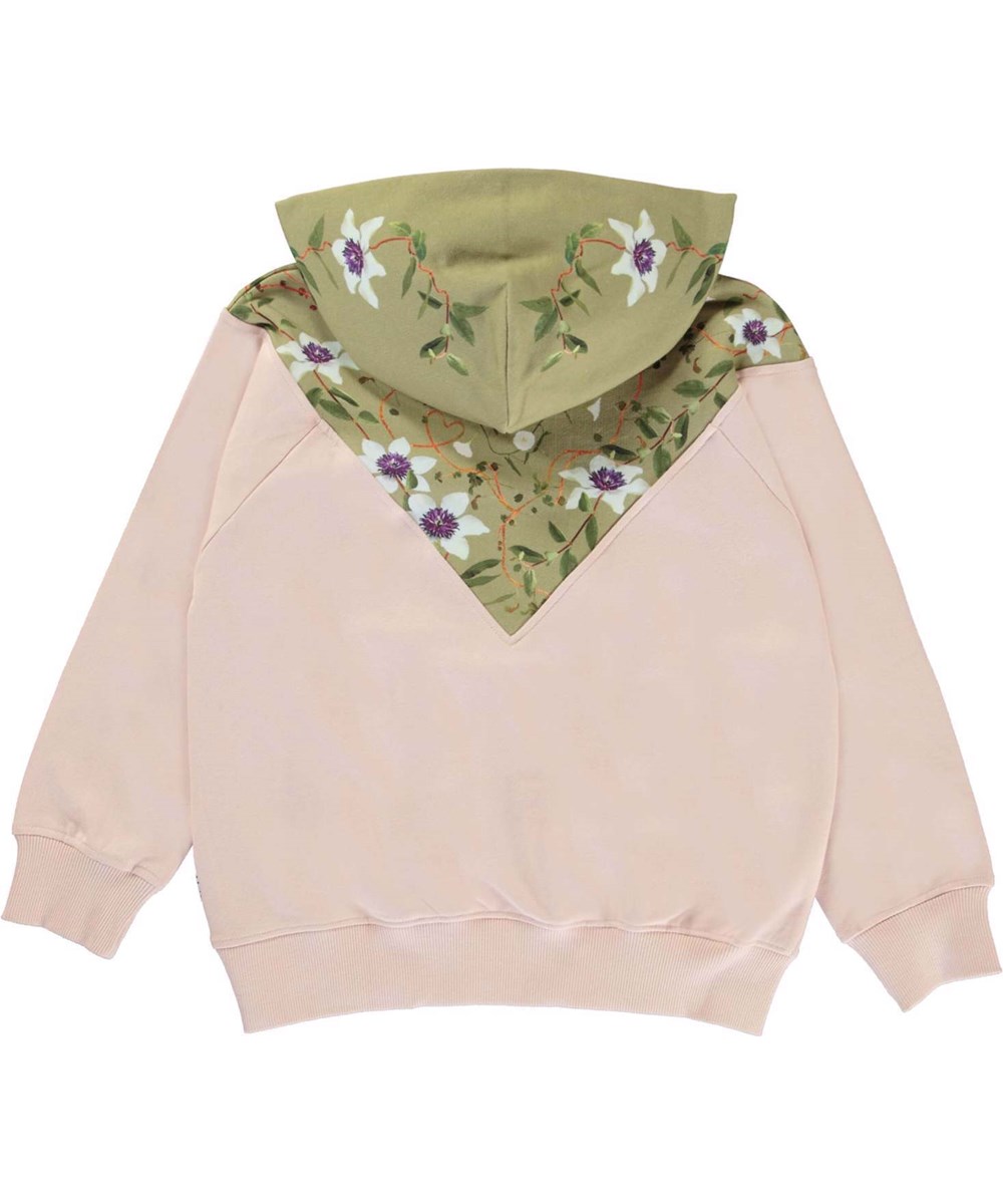 Magda - Green Love - Økologisk rosa og grøn hættetrøje med blomster