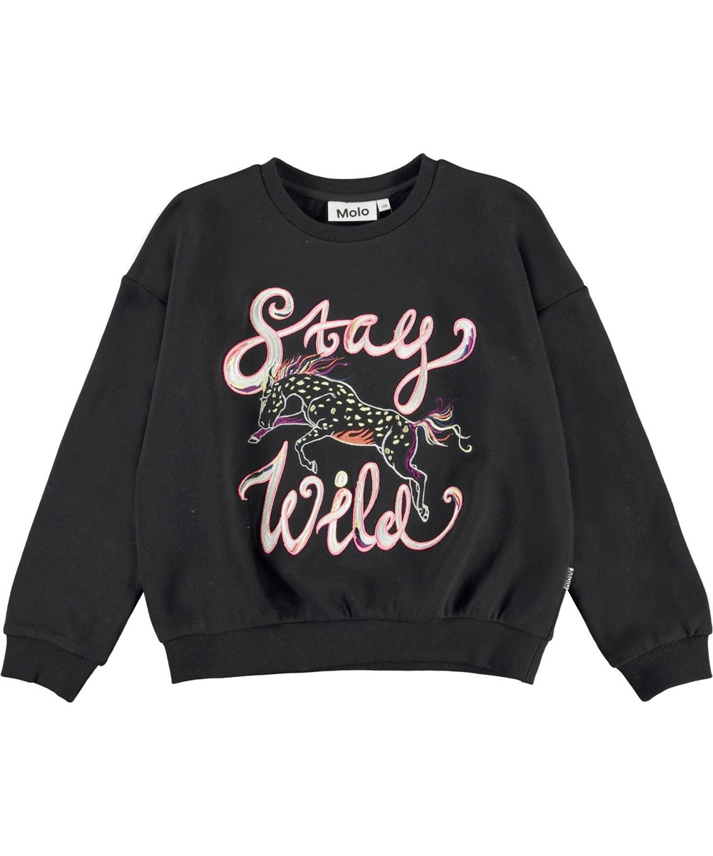 Maja - Stay Wild - Sort sweatshirt med broderet hest og stay wild