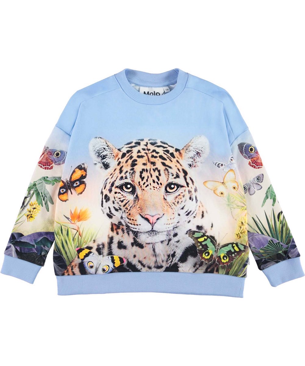 Mandy - Dreamy Jaguar - Økologisk lyseblå farvet sweatshirt med leopard 