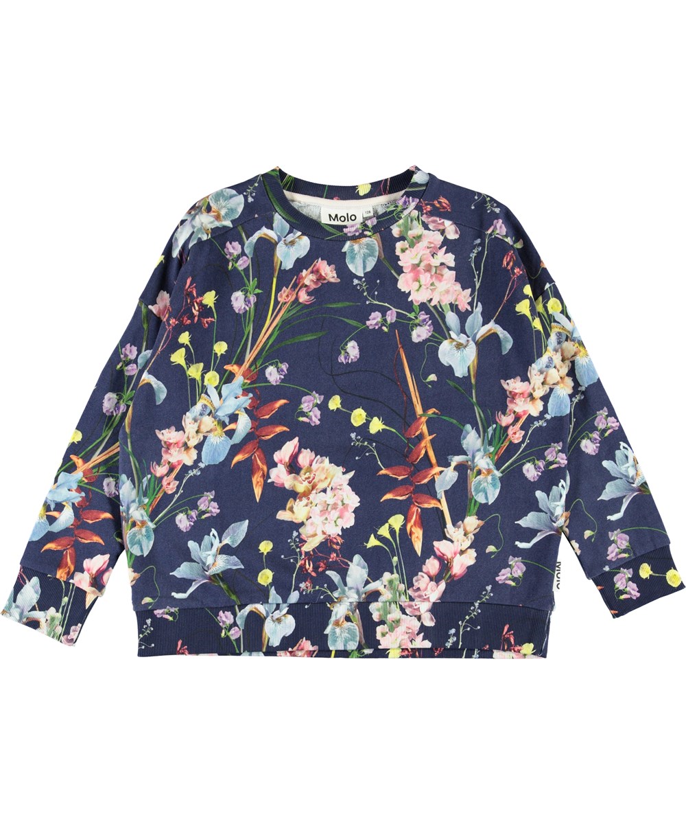 Mandy - Ikebana Blue - Økologisk blå sweatshirt med blomster 