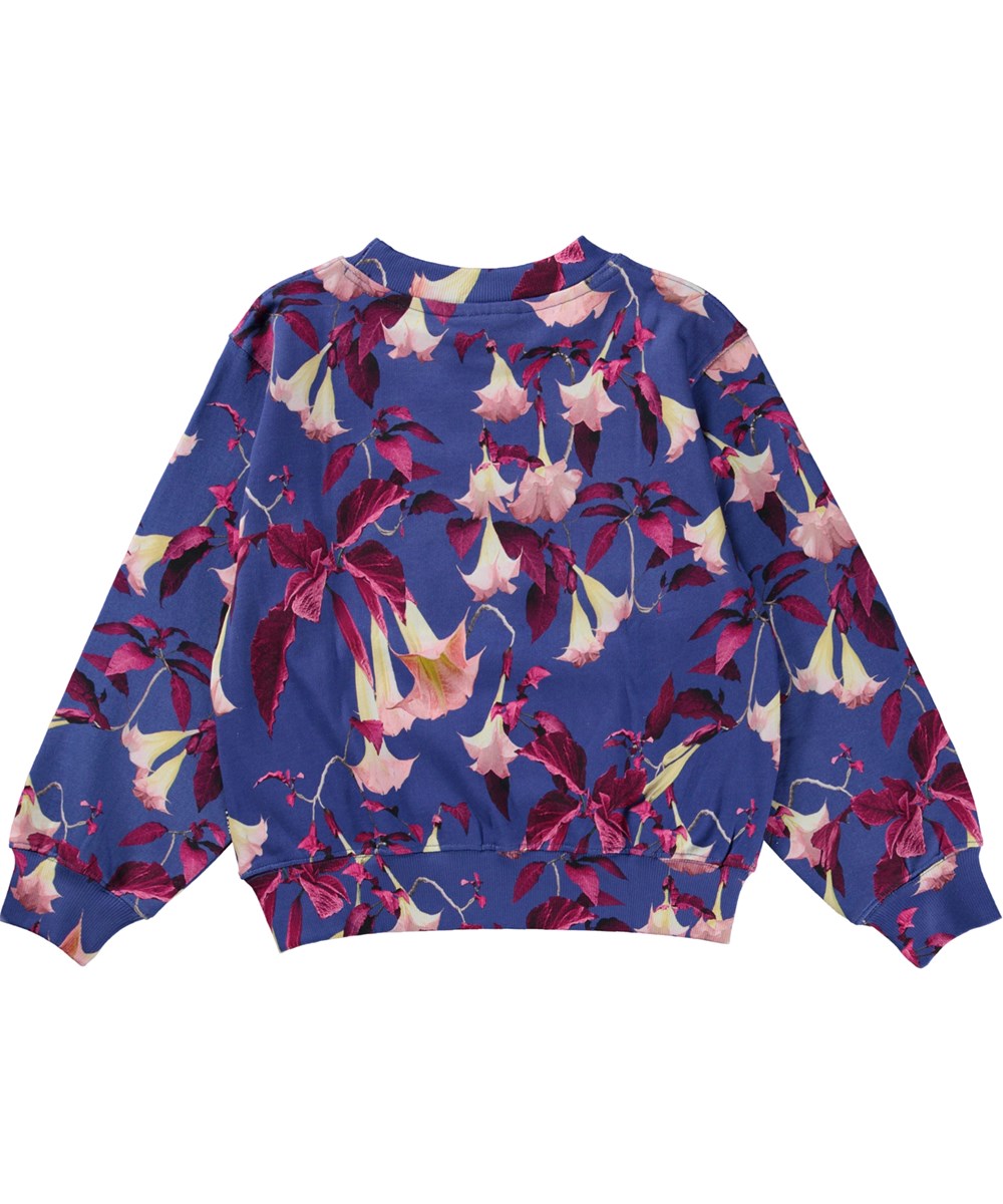 Marge - Angels Trumpets - Mørkeblå økologisk sweatshirt med blomsterprint