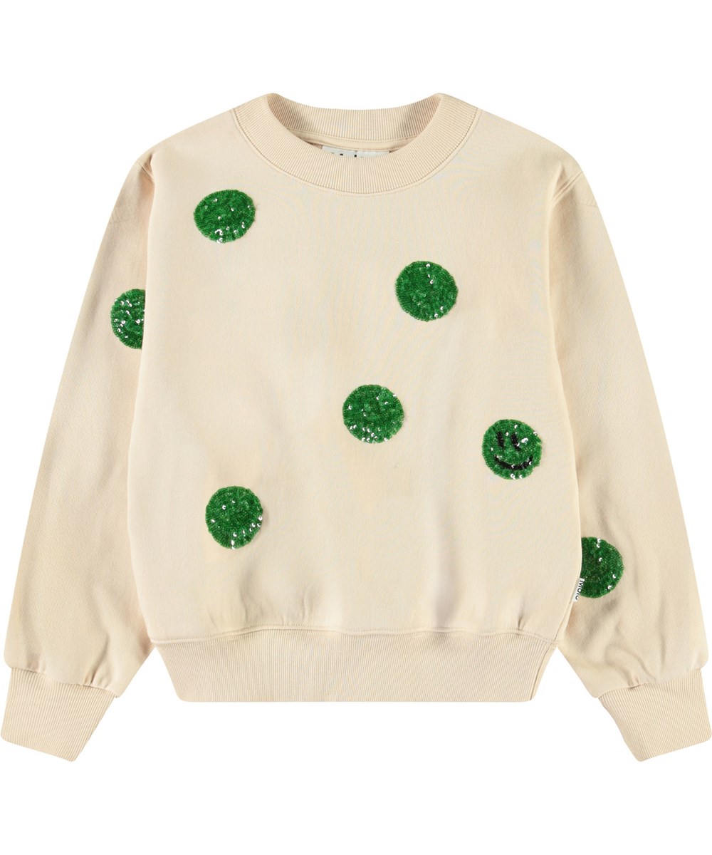 Marge - Brazilian Sand - Beige sweatshirt med palietter til børn i blødt økologisk bomuld med ribkanter ved hals, ærmer og i bunden af blusen.