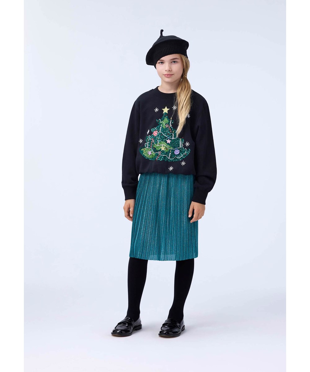 Marge - Christmas Tree - Sort sweatshirt til børn i økologisk bomuld med broderede paillet-juletræ. 