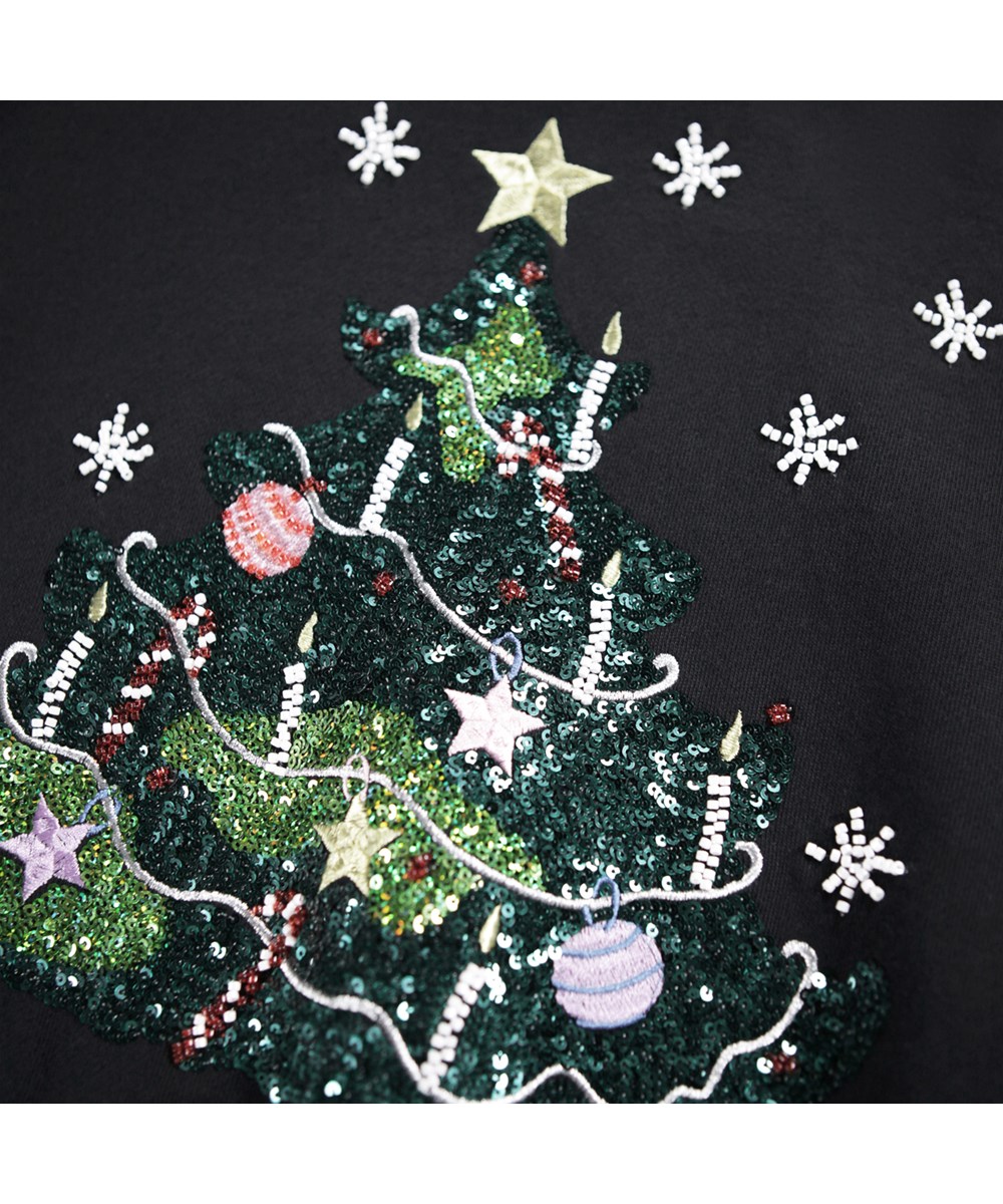 Marge - Christmas Tree - Sort sweatshirt til børn i økologisk bomuld med broderede paillet-juletræ. 