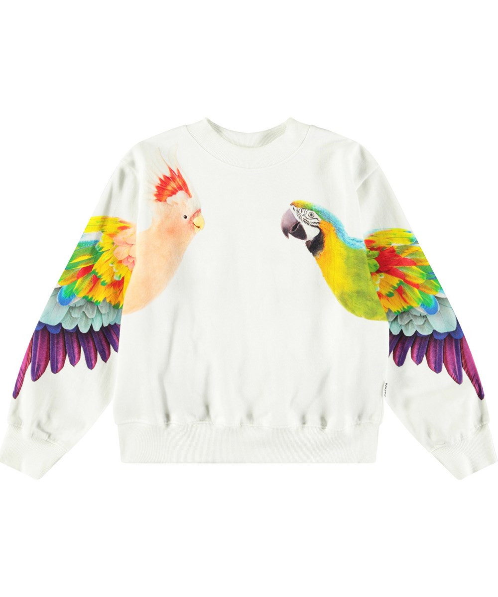 Marge - Magic Parrots - Hvid sweatshirt med print til børn i blødt økologisk bomuld med ribkanter ved hals, ærmer og i bunden af blusen.