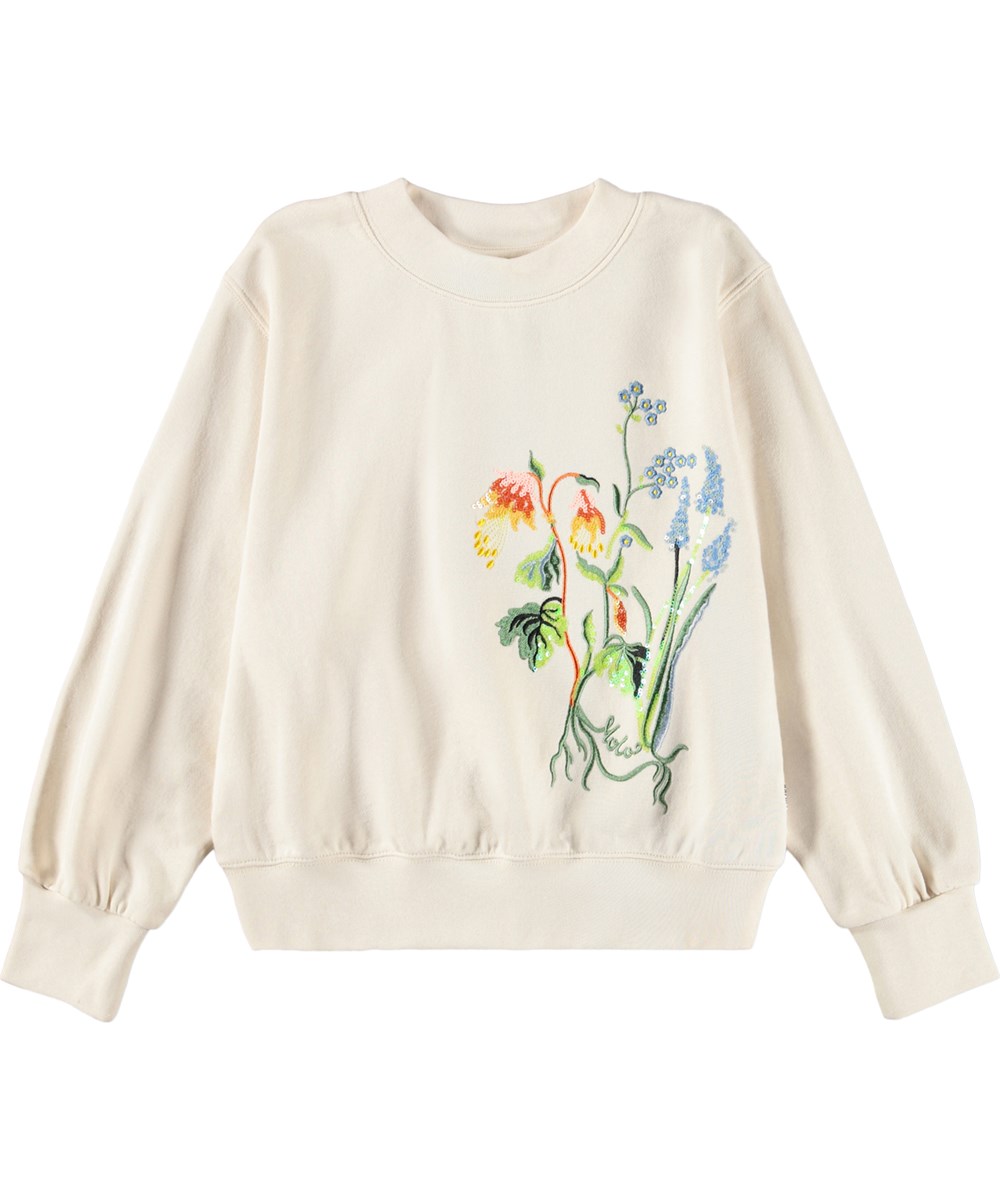 Marge - Pearled Ivory - Råhvid sweatshirt med blomster broderi i økologisk bomuld til børn