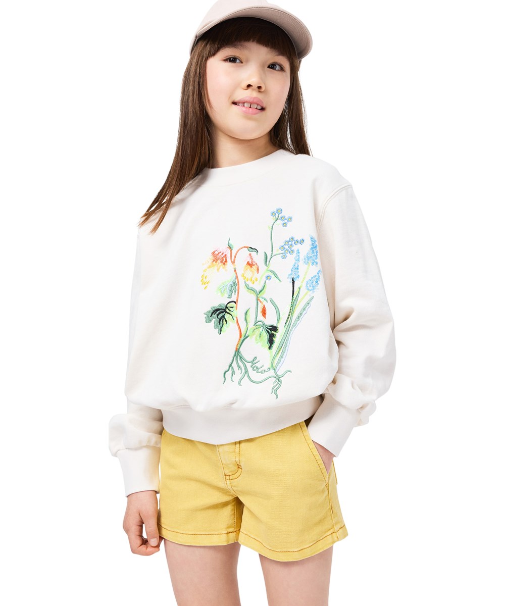 Marge - Pearled Ivory - Råhvid sweatshirt med blomster broderi i økologisk bomuld til børn