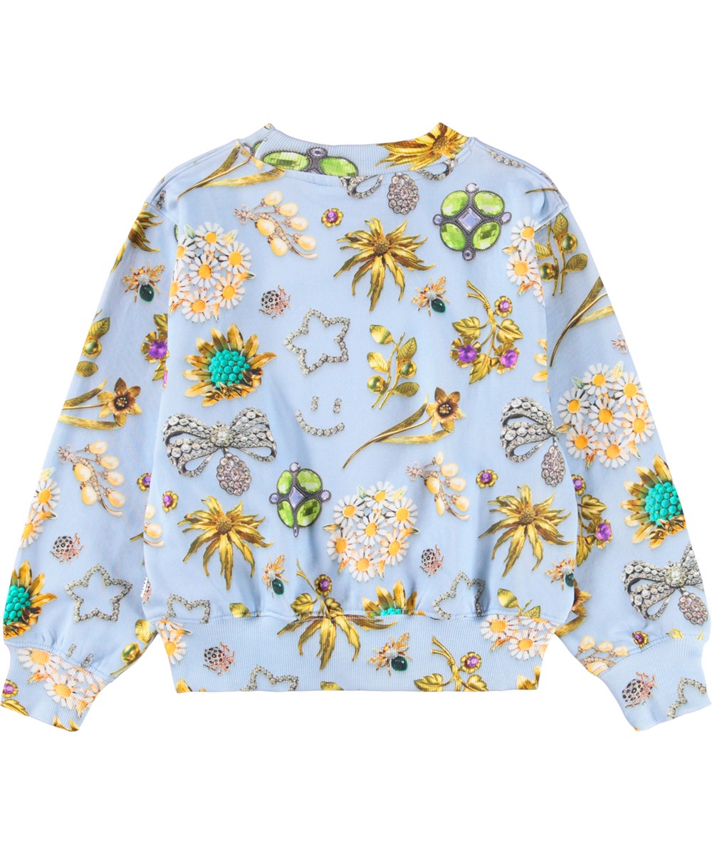 Marge - Royal Bling - Lyseblå sweatshirt i økologisk bomuld med print af smykker