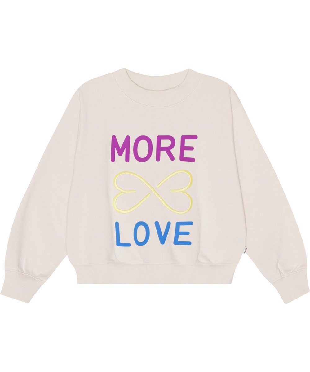 Marge - Sea Shell - Råhvid sweatshirt i økologisk bomuld med teksten 'More Love' på fronten