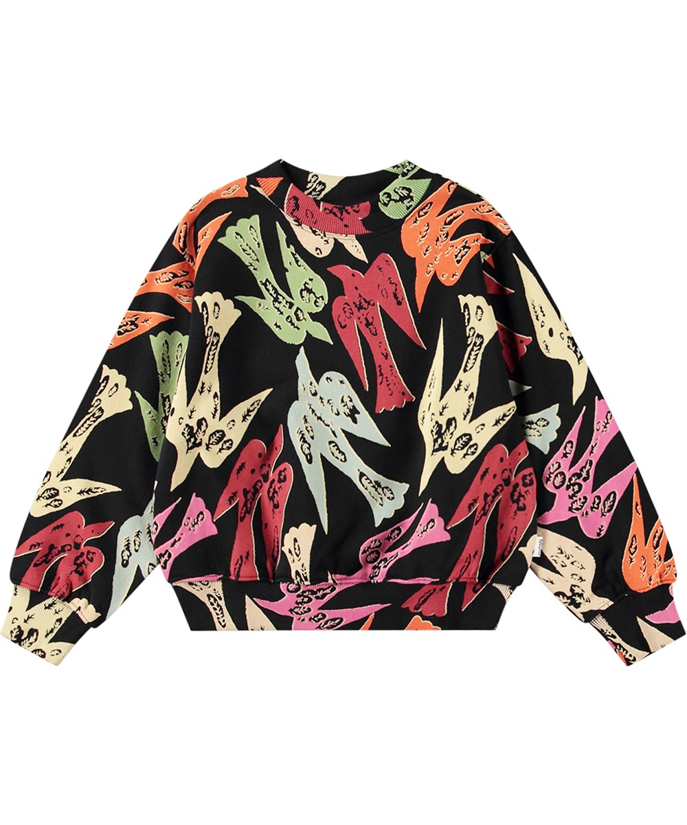 Marge - Studio Birds - Sort sweatshirt i økologisk bomuld med et kunstnerisk print af multifarvet svaler i mørke og lyse farver