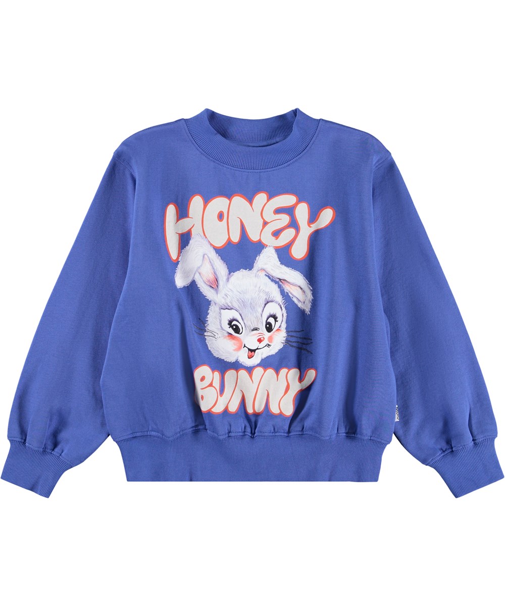 Marge - Violet Blue - Blå sweatshirt til børn i økologisk bomuld med print af sød tegnet kanin og teksten ''Honey Bunny''